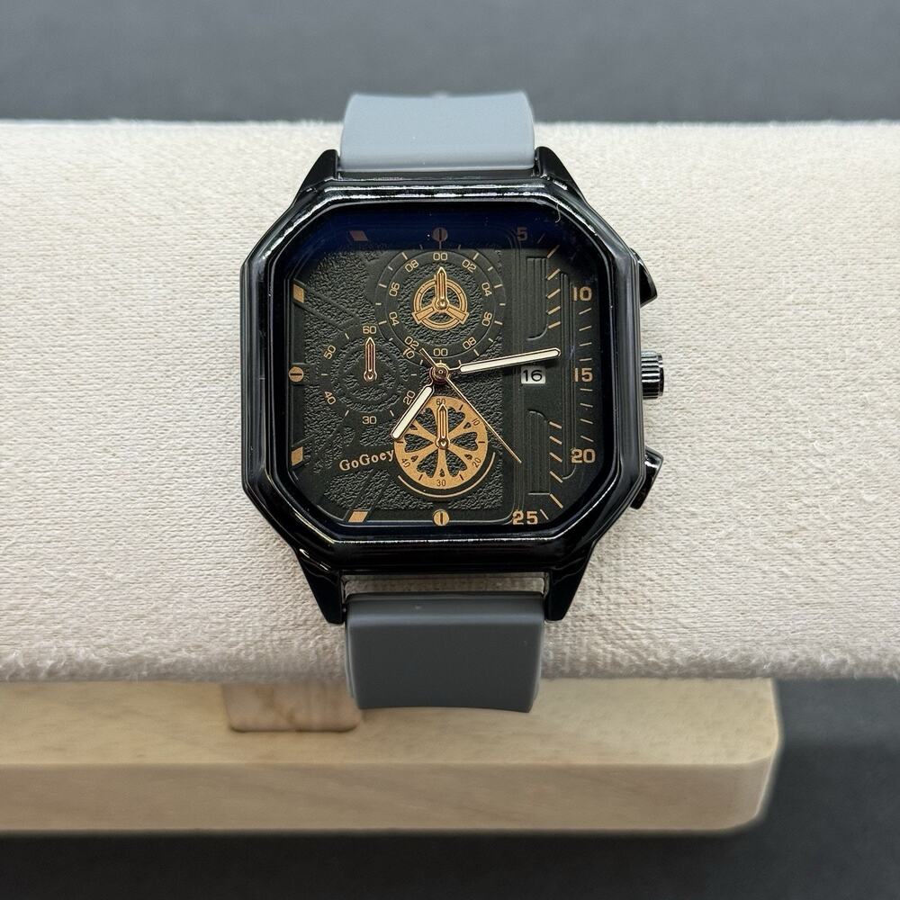 Gogoey Men's Watch Octagon Black Case Grey Silicone Band Gold Faux Chrono New